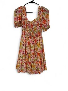mine Floral Smocked Midi Dress - Pink, Orange & Green